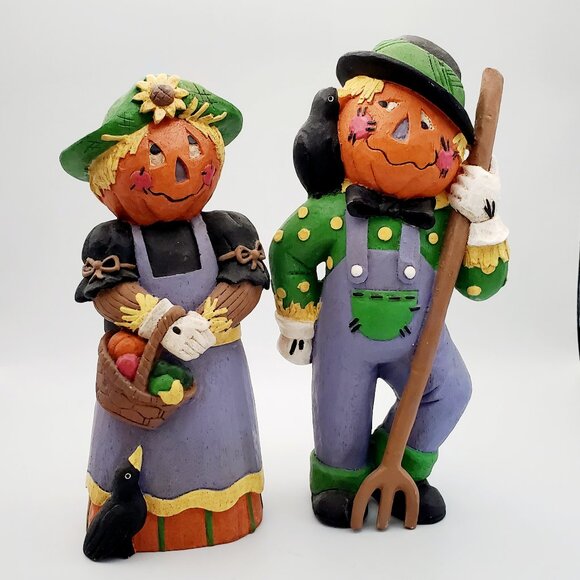 Thanksgiving Halloween Decor Pumpkin Head Scarecrow Figurines Mr. & Mrs. Farmer - Picture 1 of 8